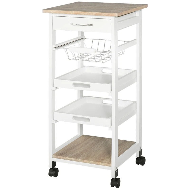 HOMCOM Carrinho de Cozinha Salvaespaço Madeira de Pinho e MDF Carrinho Organizador Gaveta Cesto 2 Bandejas e Rodas 37x37x82 cm Branco