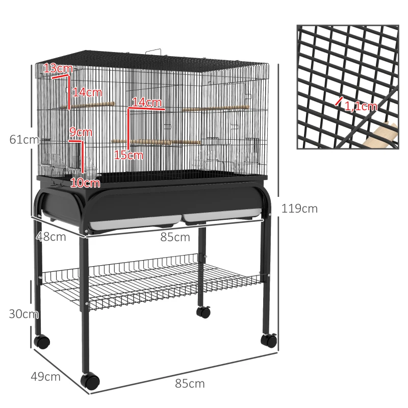 Pawhut Grande Gaiola para Pássaros Gaiola para Periquitos Suporte Rodas para Catatuas Periquitos Canários Araras 85x49x119 cm Preto