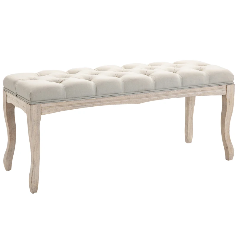 HOMCOM Banco Estofada Estilo Clássico 110 cm Pé da Cama Estofado Pernas de Madeira de Seringueira Esculpidas Linho Bege