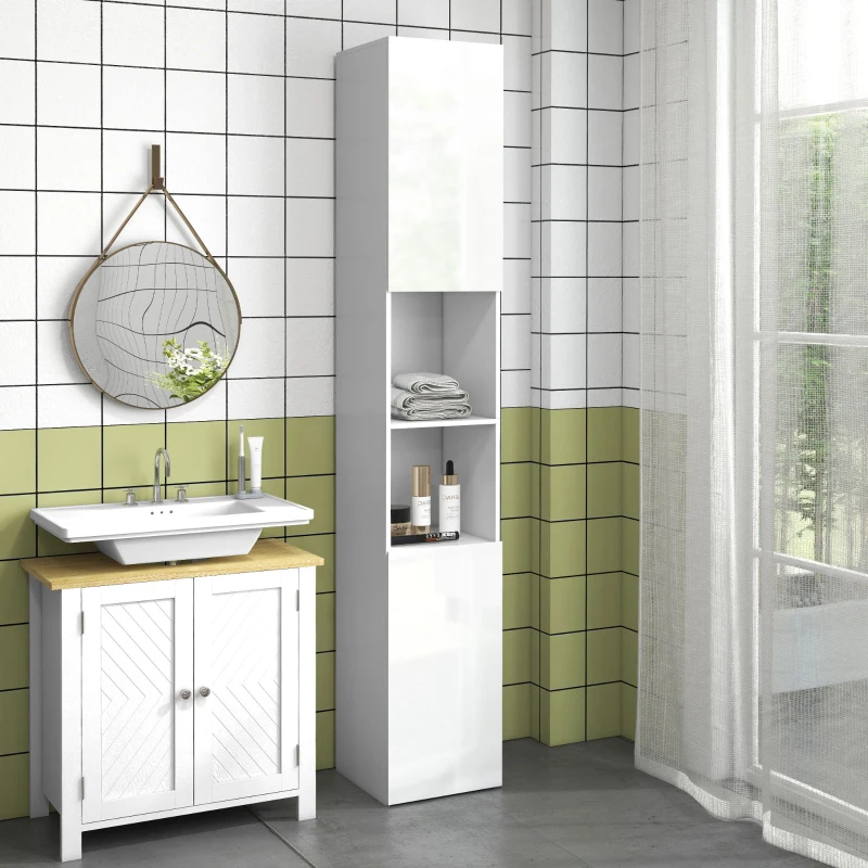 Kleankin Móvel Coluna de Casa de Banho 2 Armários com Prateleiras Ajustáveis 2 Nichos 30x30x181,5 cm Branco
