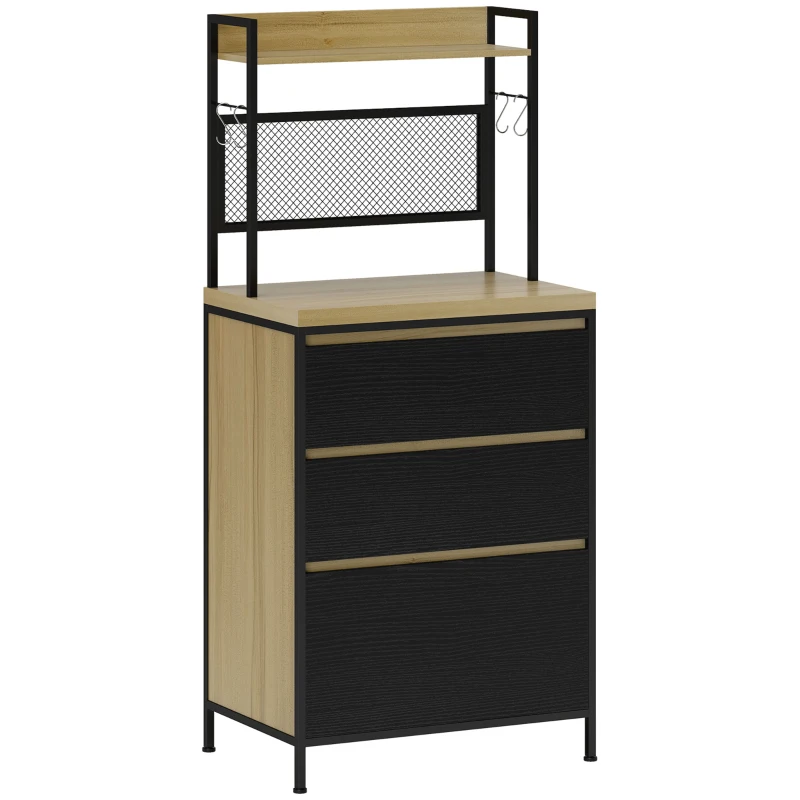 HOMCOM Armário de Cozinha Estilo Industrial com 3 Gavetas Plano de Trabalho Prateleira e 4 Ganchos 60x40x132 cm