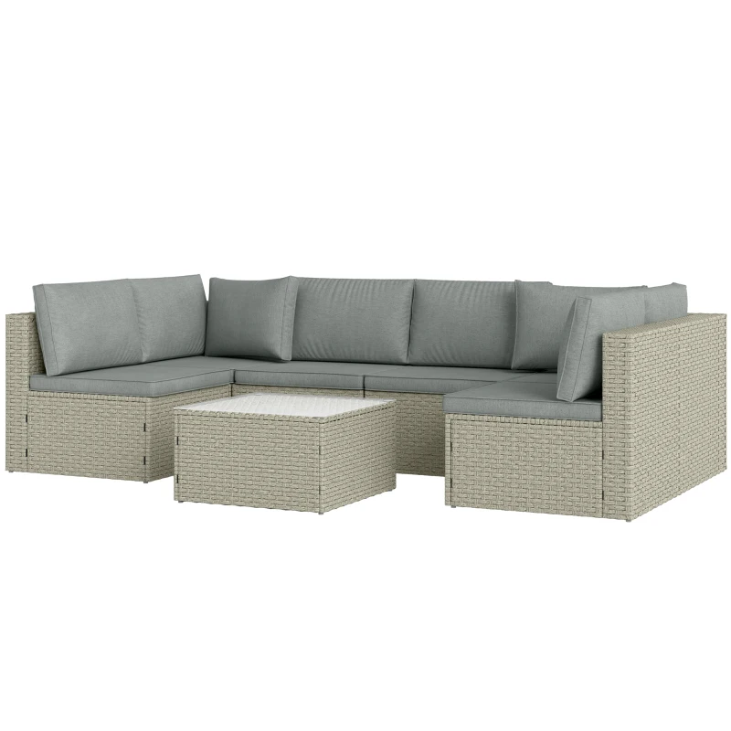 Outsunny Conjunto de Móveis de Jardim Exterior Modular para 6 Pessoas em Vime Sintético com Sofás e Mesa de Vidro Temperado Cinzento