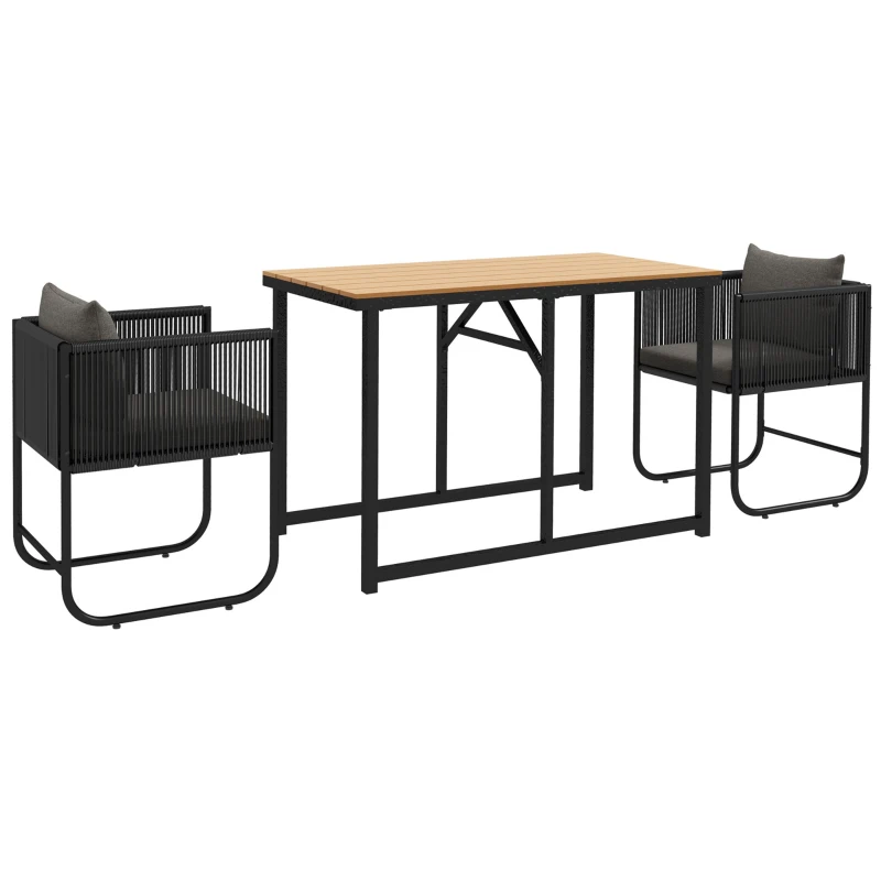 Outsunny Conjunto de Móveis de Jardim de 3 Peças com 1 Mesa e 2 Cadeiras 4 Almofadas Tampo de Compósito Aspecto de Madeira em Preto