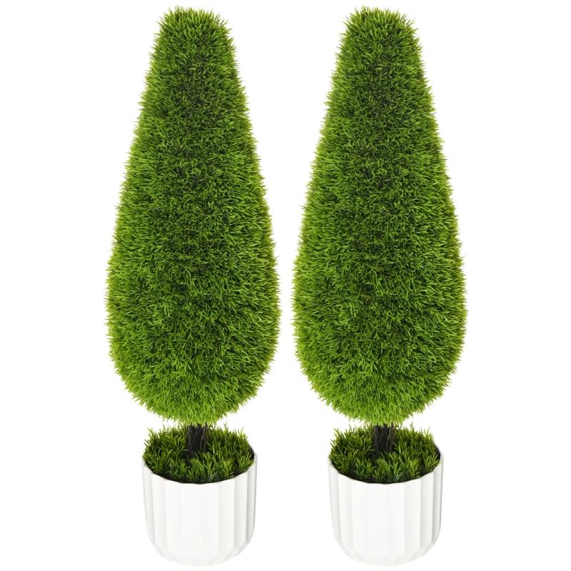 HOMCOM Conjunto de 2 Plantas Artificiais Incluindo Vaso Externo e Musgo Artificial Cipreste Artificial Branco Verde
