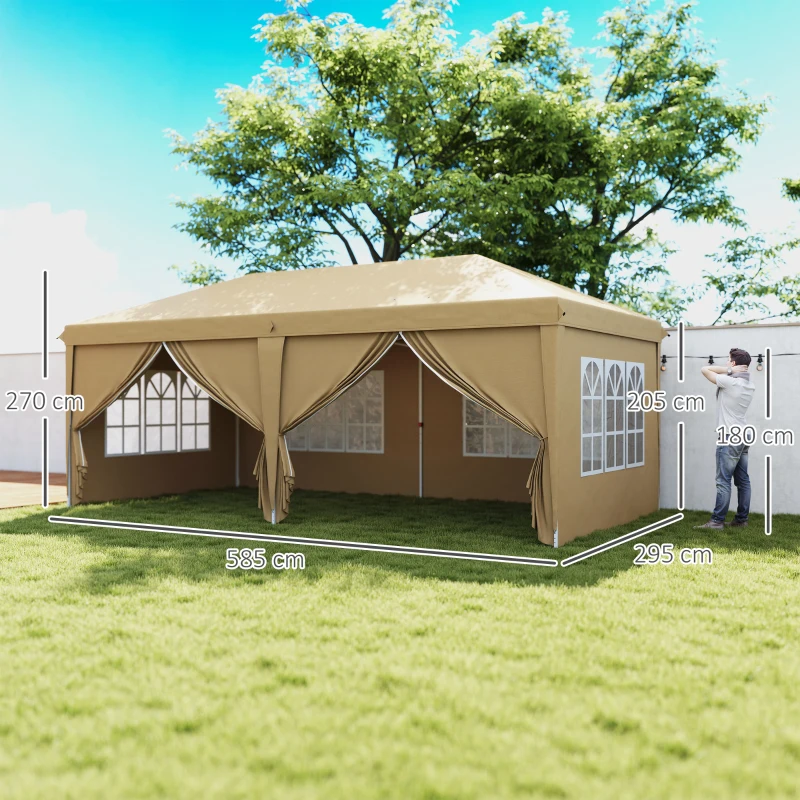 Outsunny Tenda Pop Up Impermeabilizada Dobrável 6x3x2,7 m 4 Paredes Laterais Amovíveis 4 Janelas Saco de Transporte Cáqui