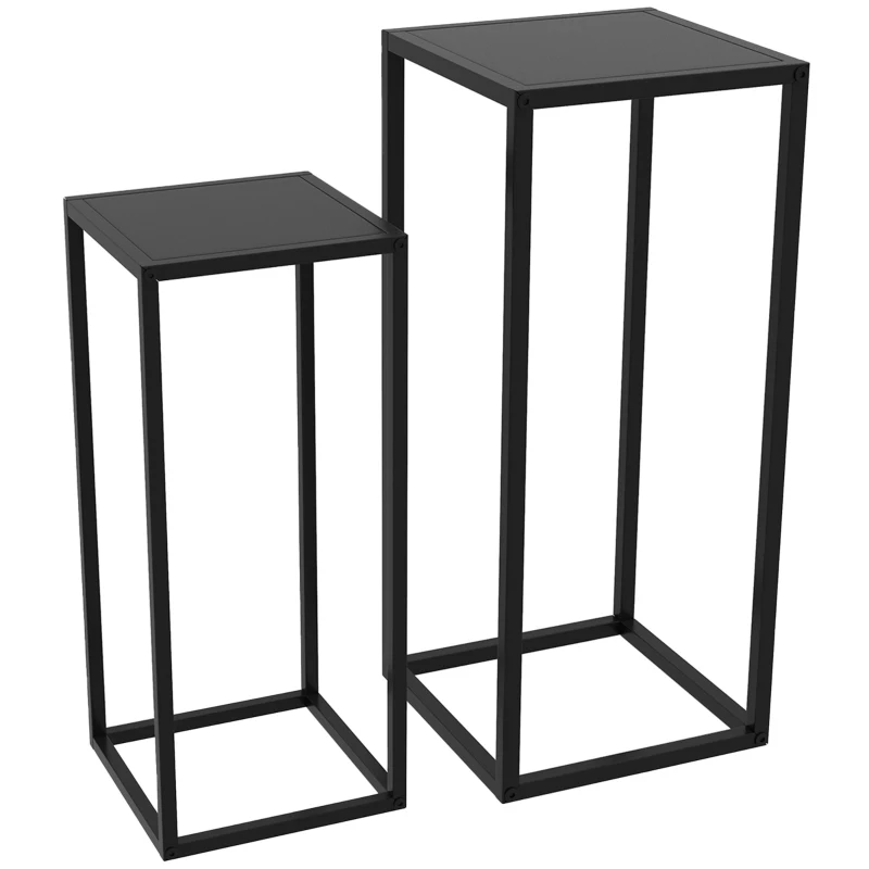 Outsunny Conjunto de 2 Suportes para Vasos de Plantas Encaixáveis 2 Alturas Diferentes 58,5 e 65 cm Aço Preto