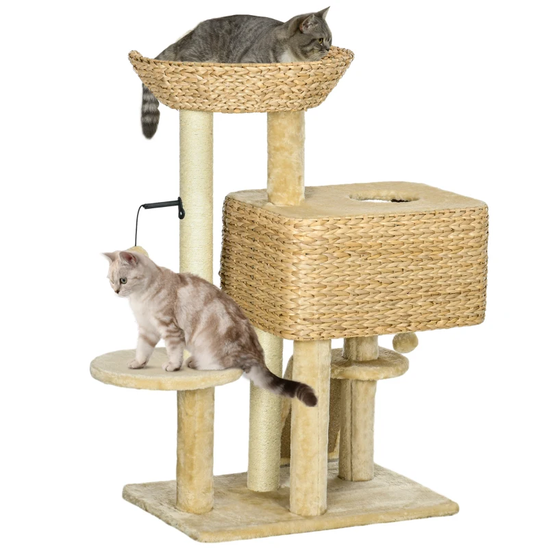 Pawhut Árvore para Gatos com Arranhador Cesto de Observação Plataformas e Pompons Suspensos 60x40x98 cm Bege