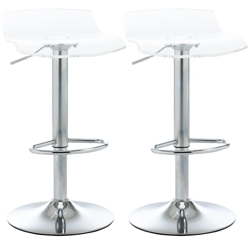 HOMCOM Conjunto de 2 Bancos de Bar Contemporâneo Assento Acrílico e Estrutura em Metal Giratório 360° Altura Ajustável Transparente