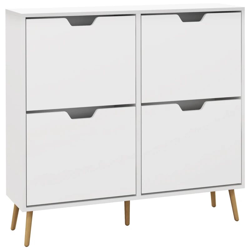 HOMCOM Móvel de Sapatos 4 Abas 16 Pares com Prateleira Ajustável Pés em Madeira de Pinho 95x26x95 cm Branco