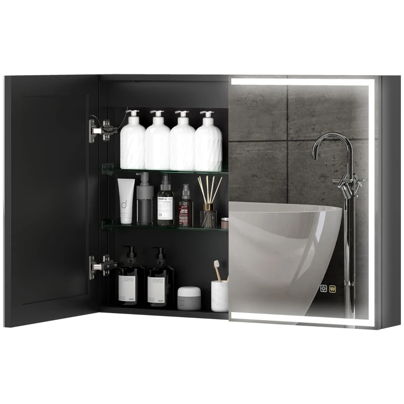HOMCOM Armário de Banheiro com Espelho Iluminação LED 60x80 cm Função Anti Nevoeiro Regulador de Luz 3 Cores Preto
