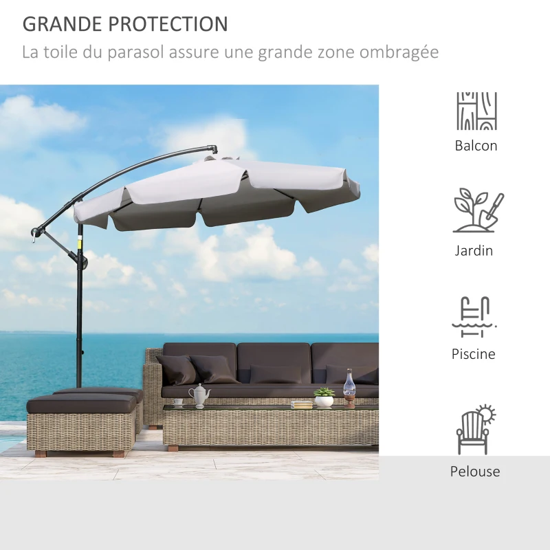 Outsunny Parasol déporté octogonal inclinable manivelle avec pied en croix Ø 2,65 x 2,45H m gris clair