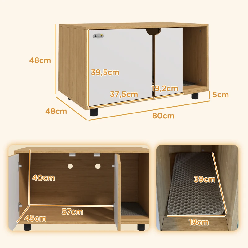 Pawhut Móvel Caixa de Areia Casa de Banho em Pés para Gato 2 em 1 Portas Estilo Escandinavo 80x48x48 cm Natural e Branco