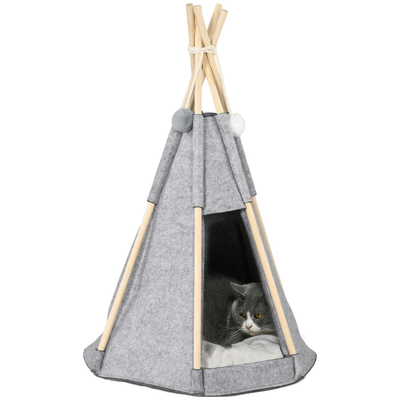 Pawhut Tenda Teepee para Animais Gato ou Cão Almofada Espessa 2 Pompons Incluídos Estrutura de Pinho Feltro Pelúcia Cinza