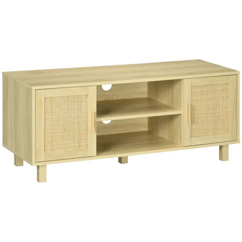 HOMCOM Móvel de TV Bancada de TV 2 Nichos 2 Armários Porta em Vime de Ratã 115x40x48 cm MDF Aspecto de Madeira Clara