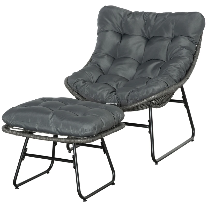 Outsunny Cadeira de Jardim com Otomano em Metal Epóxi e Vime Entrançado com Aspeto de Vime com Almofadas Macias Cinza
