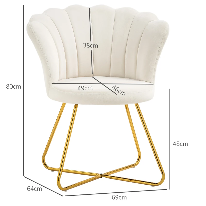 HOMCOM Poltrona de Concha Poltrona de Maquiagem Poltrona em Veludo Poltrona de Sala com Pés de Aço 69x64x80 cm Creme