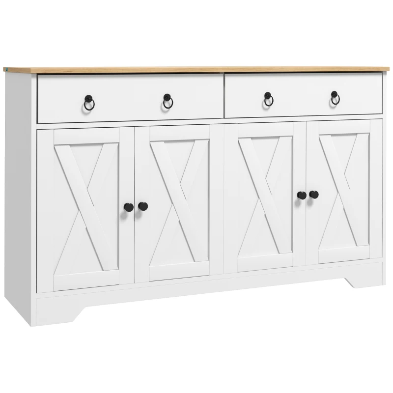 HOMCOM Buffet Móvel de Arrumação Armário de Cozinha Estilo Rústico 2 Gavetões e 2 Armários Prateleiras Ajustáveis Branco
