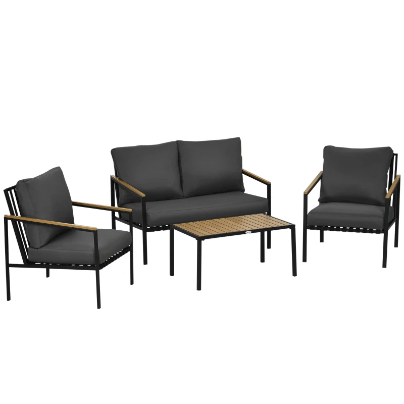 Outsunny Conjunto Móveis de Jardim 4 Peças 4 Pessoas com Sofá de 2 Lugares Poltronas e Mesa de Centro 8 Almofadas Preto Cinza Escuro