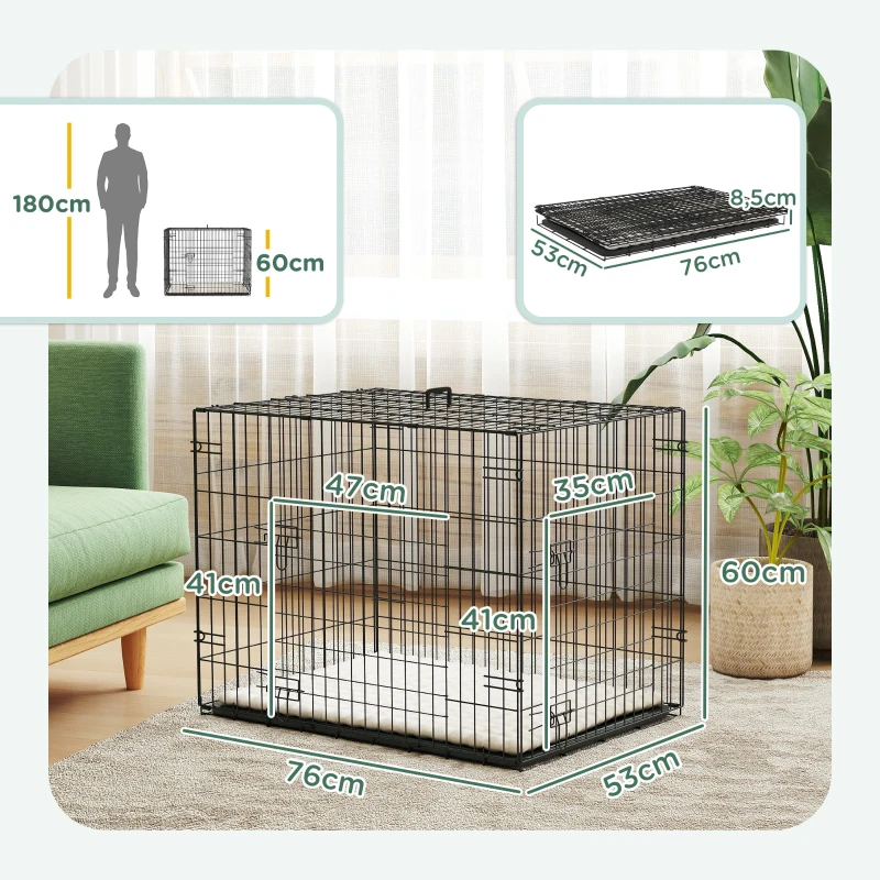Pawhut Gaiola para Cães Gaiola de Transporte para Cães Dobrável com 2 Portas Bandeja Removível Almofada Lavável 76x53x60 cm Preto