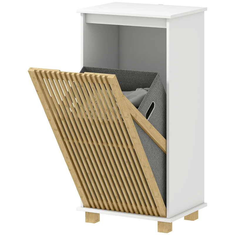 HOMCOM Móvel Banheiro com Cesto de Roupa Porta de Ripas de Bambu e Saco Removível Branco e Efeito Madeira Natural