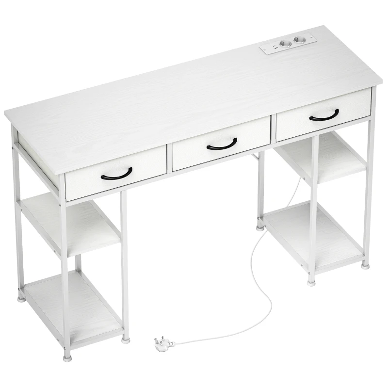 HOMCOM Mesa com Armazenamento com Tomadas Elétricas 3 Gavetas de Tecido e 4 Prateleiras de Armazenamento 120x40x76 cm Branco
