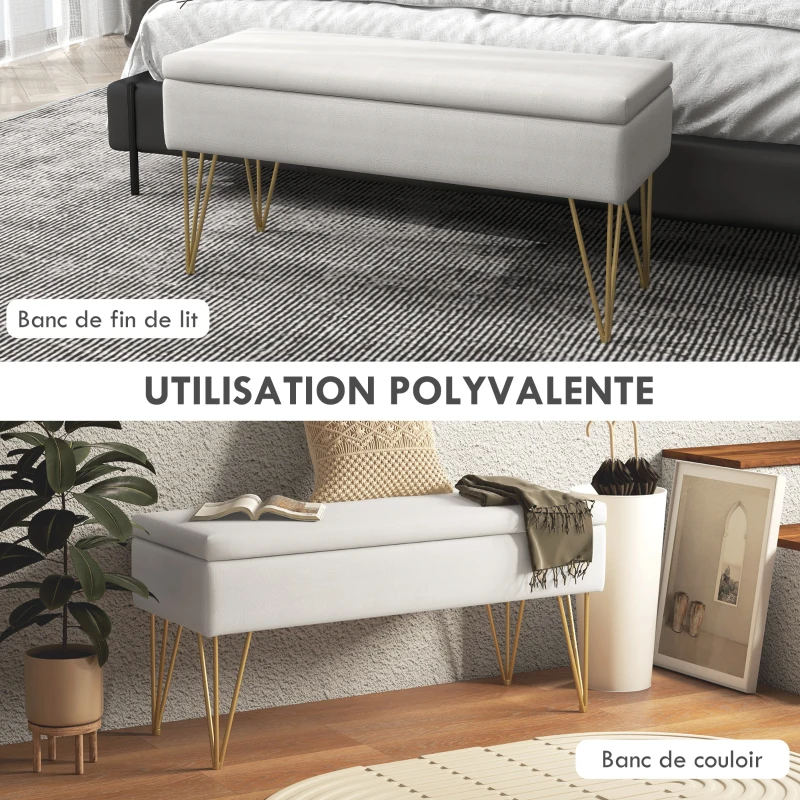 HOMCOM Banco Caixa de Armazenamento 2 em 1 em Tecido com Pés de Agulha em Aço Dourado 100x40x49 cm Creme