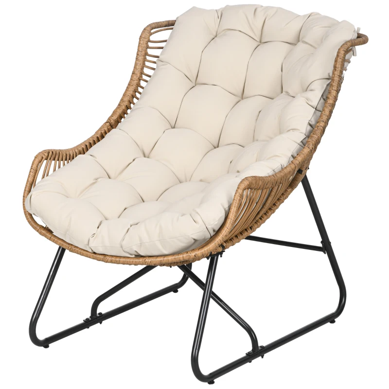 Outsunny Poltrona de Jardim Imitação de Vime Poltrona de Exterior com Almofada Estrutura Metálica 75x101x90 cm Madeira Cáqui Preto