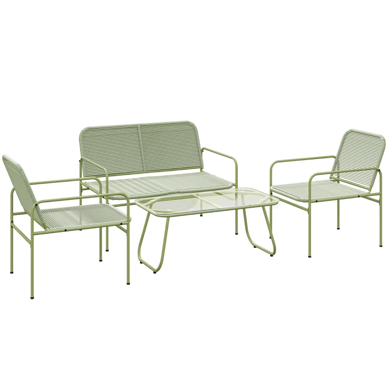 Outsunny Conjunto de Sala de Jardim Exterior em Vime Sintético 4 Lugares Sofá 2 Lugares 2 Cadeiras Mesa em Vidro em Aço Verde