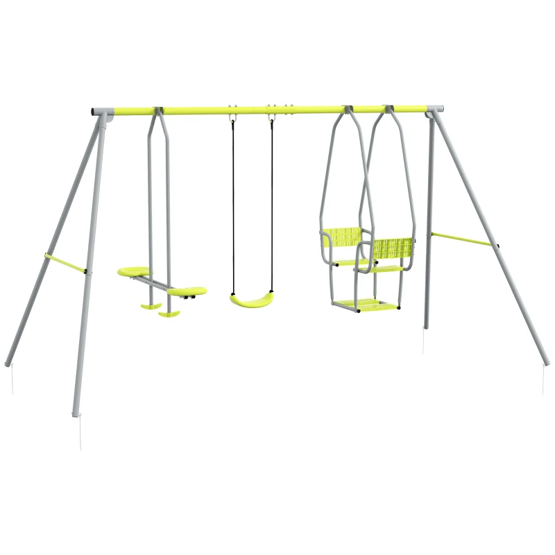 Outsunny 3 em 1 Baloiço Portátil para Crianças com 2 Frente a Frente e 1 Assento de Baloiço Carga Máxima 225 Kg Verde