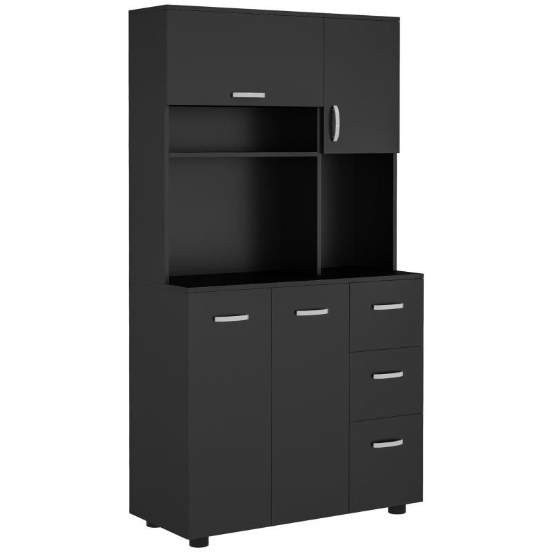 HOMCOM Armário de Cozinha Multi Rangamentos 4 Portas 3 Gavetas Prateleira Grande Bancada 89x39,5x168 cm Preto