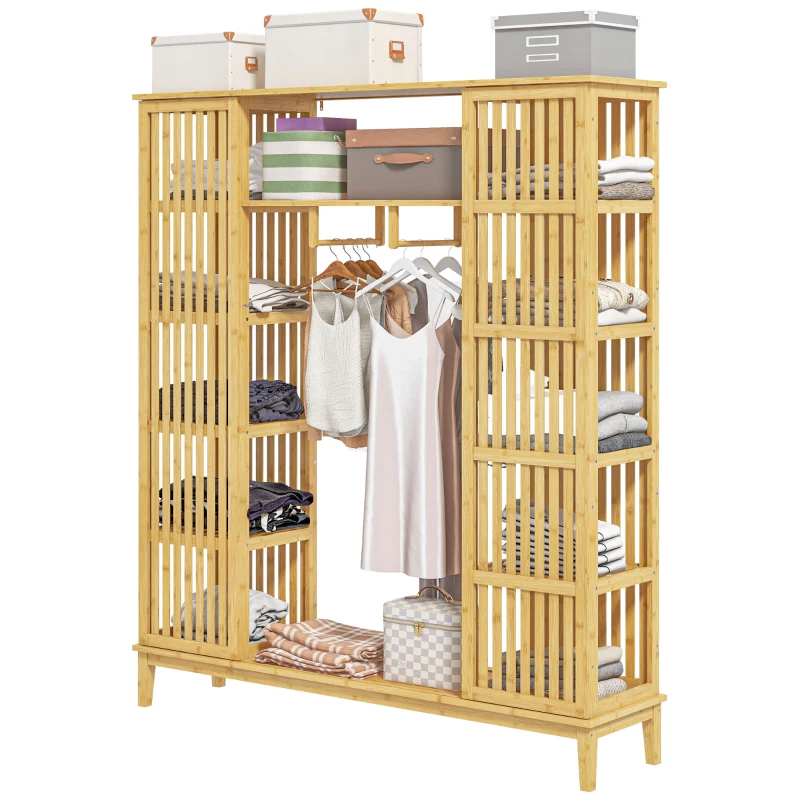 HOMCOM Armário de Bambu com 2 Portas de Correr Prateleiras e Barra Grande Armário para O Quarto 145x35x165 cm