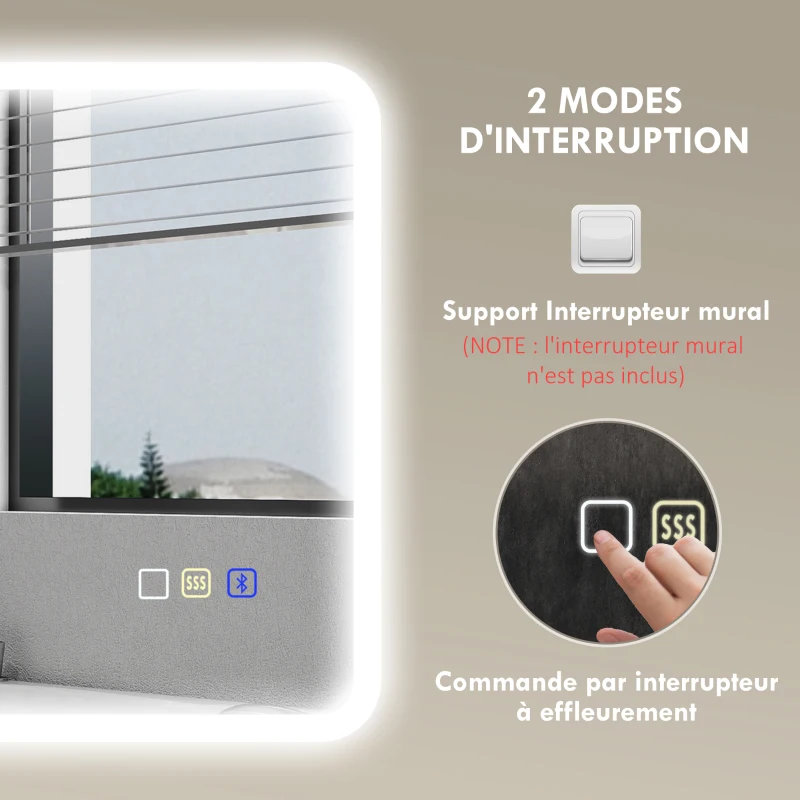 HOMCOM Espelho de Casa de Banho LED Bluetooth 50x70 cm Interruptor Tátil Luz Ajustável 3 Cores Anti Embaciamento Memória Prateado