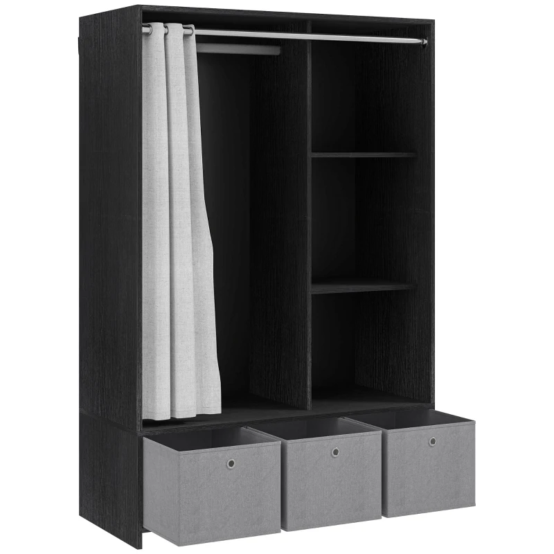 HOMCOM Armário de Roupas Armário de Armazenamento com Barra Cortina 3 Nichos e 3 Gavetas de Tecido Removíveis 105x48x160 cm