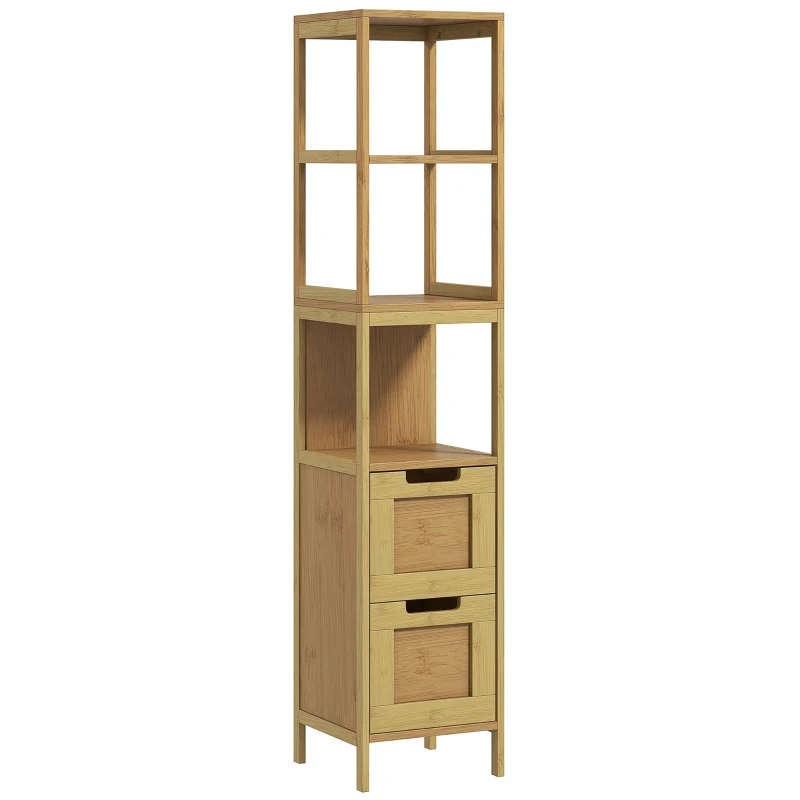 Kleankin Móvel Coluna de Arrumação para Casa de Banho Estilo Acolhedor 30x30x144 cm 3 Prateleiras 2 Gavetas Bambu