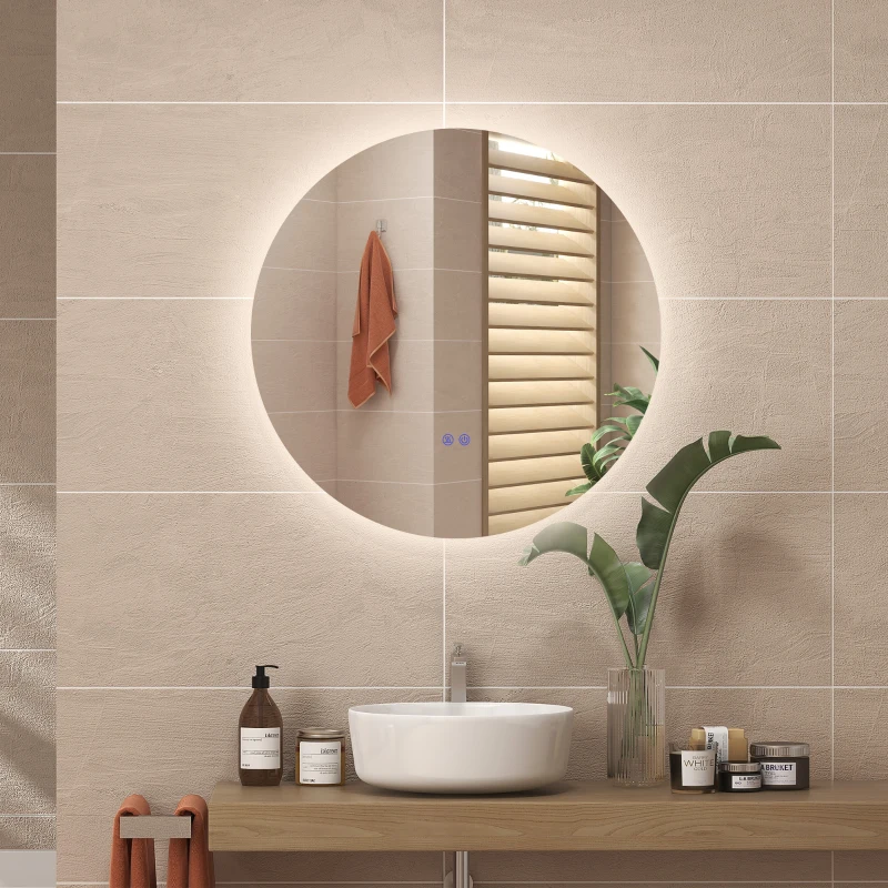 Kleankin Espelho Redondo Luminoso LED de Casa de Banho Ø 80 cm de Parede com Iluminação Interruptor Tátil Sistema Anti Embaciamento