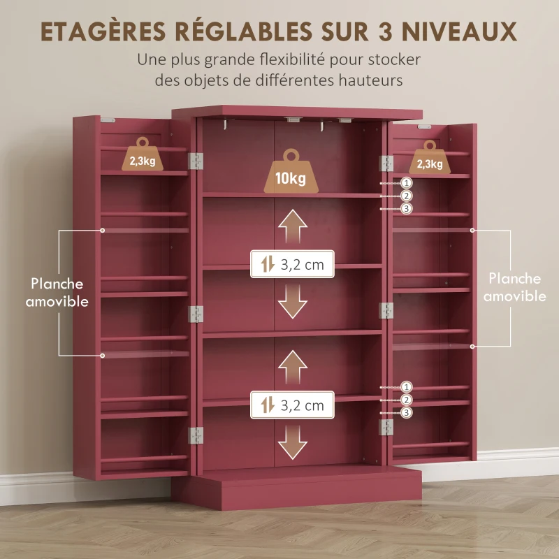 HOMCOM Armoire meuble de cuisine garde-manger 2 portes avec 5 étagères et 12 porte-épices - 60 x 30 x 104 cm - rouge