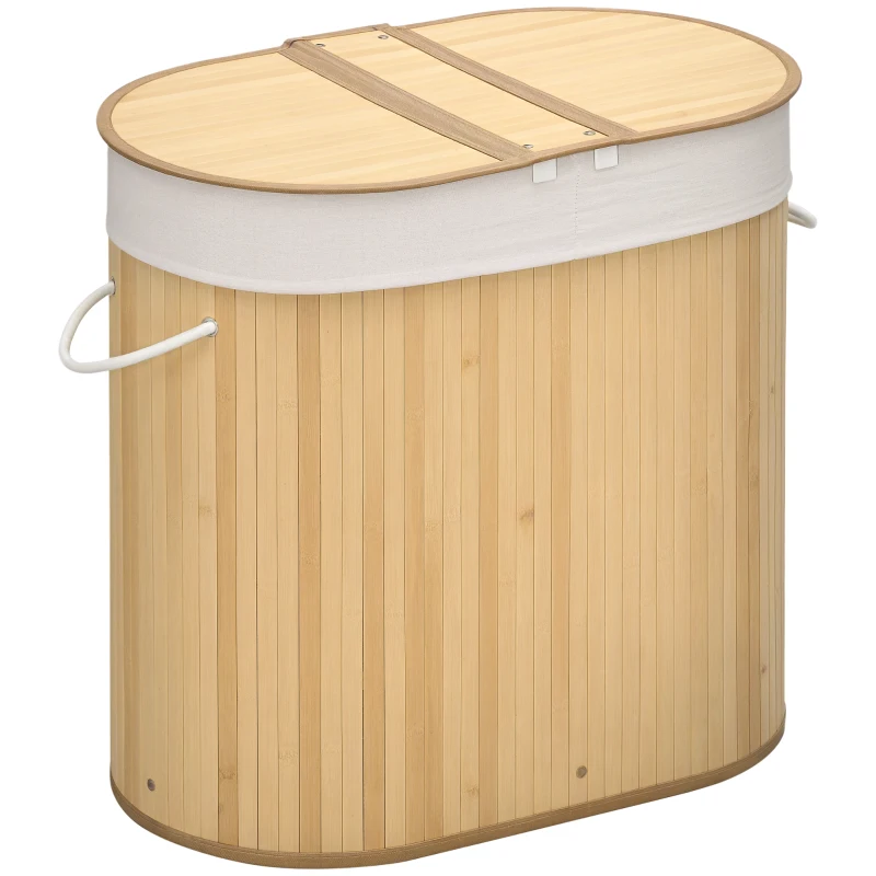 HOMCOM Cesto de Roupa em Bambu 100L com 2 Compartimentos Tampa e Saco Removível 62,5x37x60,5 cm Natural