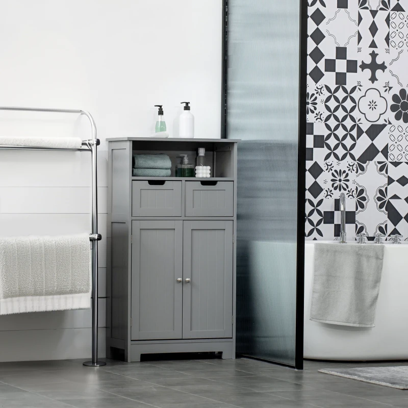 Kleankin Móvel de Banheiro com 2 Gavetas Compartimento Armário com Porta Prateleira Ajustável 60x30x109 cm Cinza