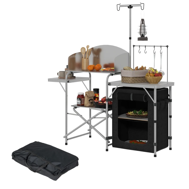 Outsunny Móvel de Cozinha para Camping com Armazenamento Mesa Exterior Dobrável Portátil em Alumínio com Saco de Transporte