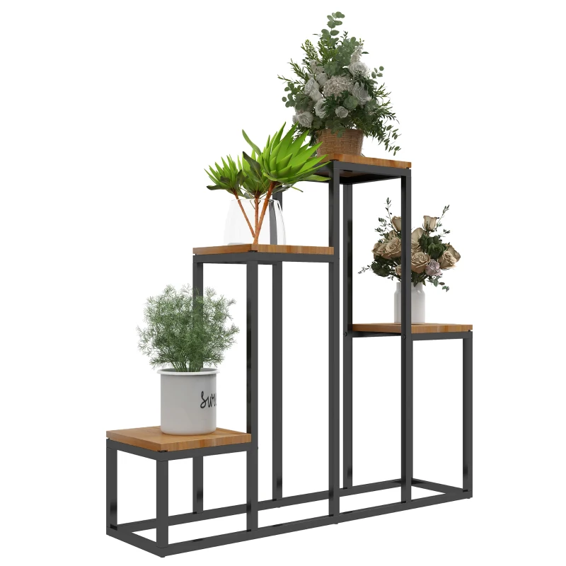 Outsunny Estante de Plantas Estante de Flores em Metal e Madeira 4 Níveis de Alturas Diferentes Estilo Industrial 80x20x74 cm