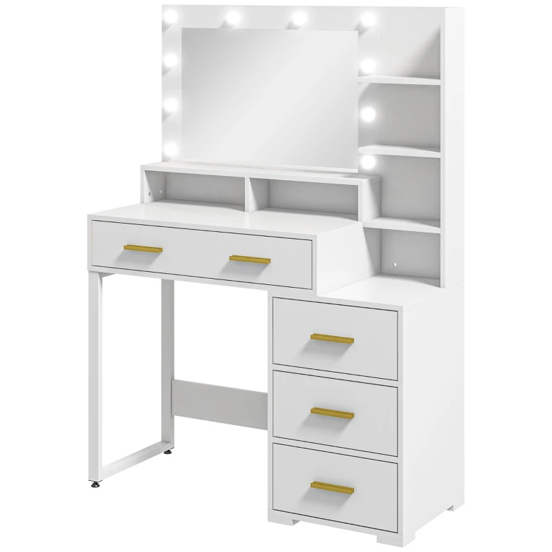 HOMCOM Toucador com Espelho e 9 Luzes LED 4 Gavetas e 6 Compartimentos Abertos 100x40x138 cm Branco