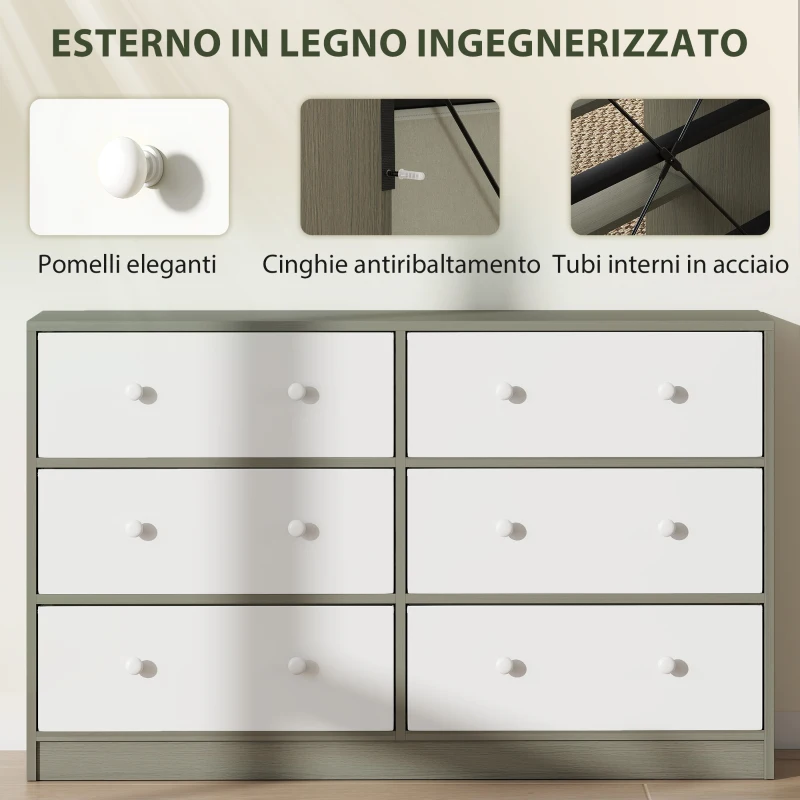 HOMCOM Cassettiera 6 Cassetti Pieghevoli con Maniglie Doppie, in Legno, Acciaio e Tessuto, 114x30x70 cm, Bianco e Grigio