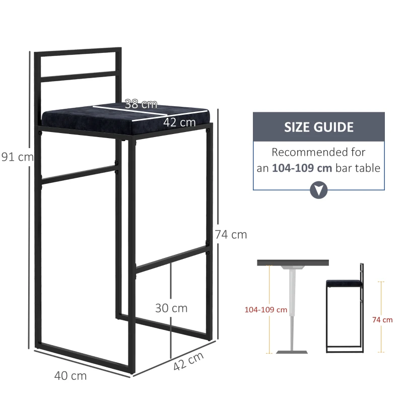 HOMCOM Lote de 2 Cadeiras de Bar Bancos Altas Almofada de Assento em Veludo Apoio para Os Pés Altura 74 cm Preto