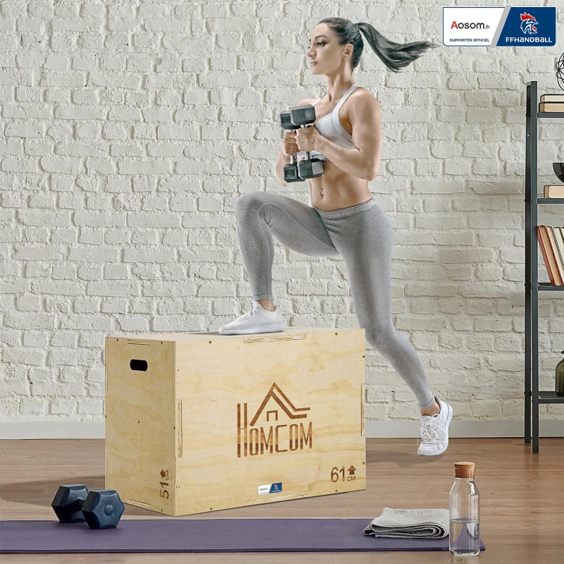 HOMCOM Caixa de Saltos Pliométrica 3 em 1 Colaboração FP Andebol Salto Musculação Fitness 61x51x76 cm em Madeira