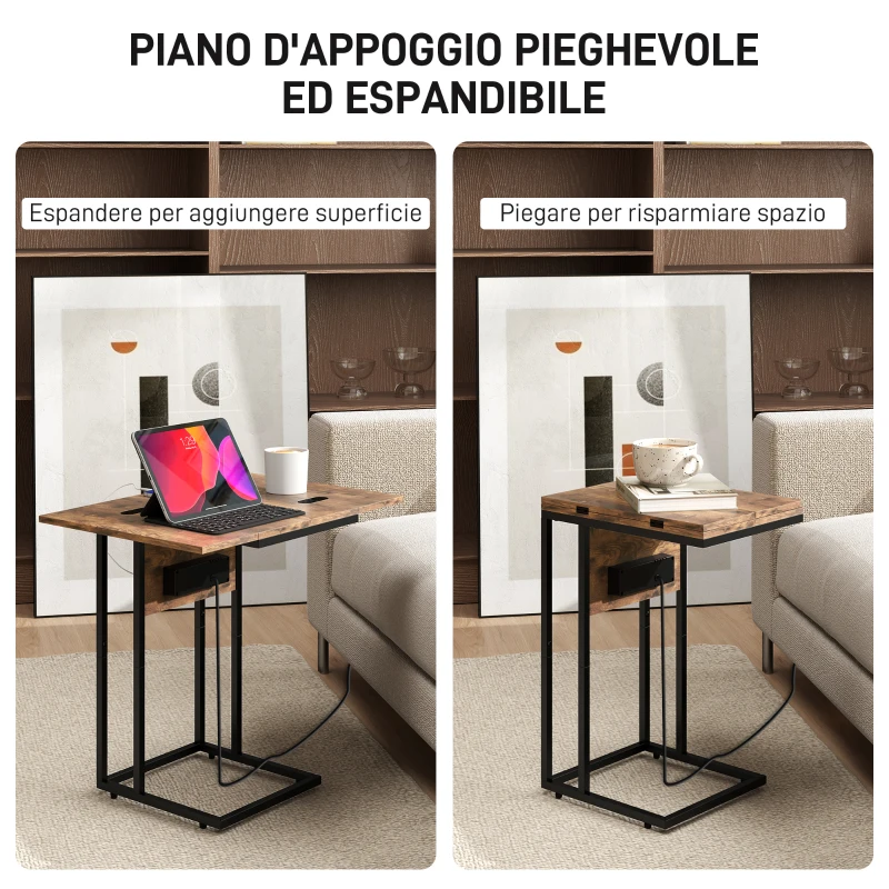 HOMCOM Tavolino da Salotto a C Espandibile con 2 Stazioni di Ricarica, in Legno e Metallo, 39x29x57 cm, Nero e Marrone