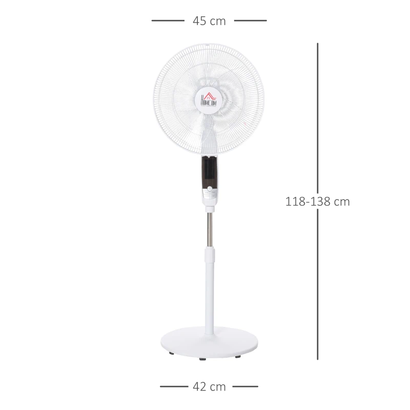 HOMCOM Ventoinha de Pedestal Ajustável em Altura Oscilante 85° 3 Velocidades 50 W com LED Controlo Remoto Temporizador Ø 42 cm Branco