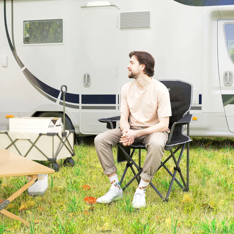 Outsunny Cadeira de Camping Dobrável e Portátil com Porta Copos Bolsos Laterais e Saco de Transporte Preto