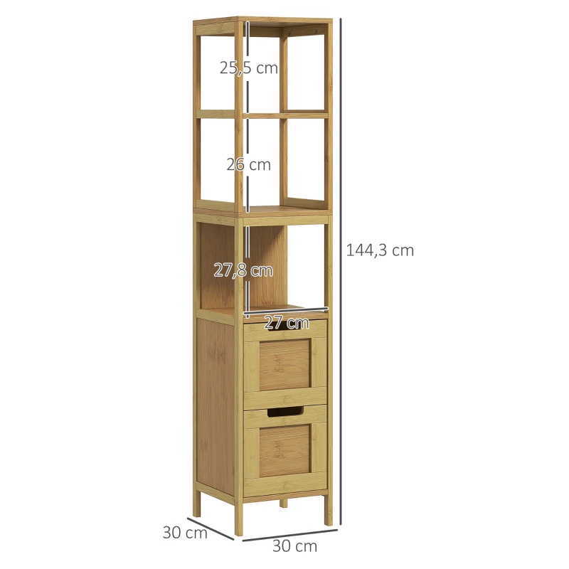 Kleankin Móvel Coluna de Arrumação para Casa de Banho Estilo Acolhedor 30x30x144 cm 3 Prateleiras 2 Gavetas Bambu