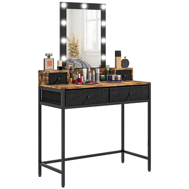 HOMCOM Penteadeira Mesa de Maquiagem Espelho LED Ajustável Integrado Base em Metal Preto 4 Gavetas de Tecido Aspecto Madeira Escura