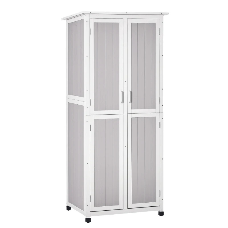 Outsunny Abri de Jardin Armoire de Jardin sur Pied dim. 77L x 58l x 175H cm 2 étagères 2 Portes 3 Crochets Toit bitumé étanche Bois sapin pré-huilé Gris Blanc